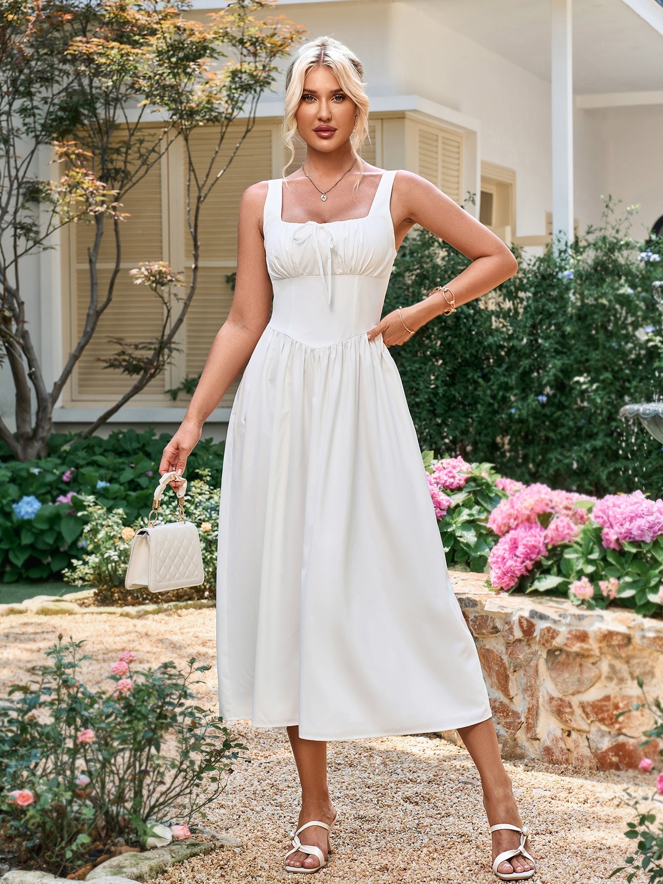 French Sexy Square-Neck Solid Sleeveless Backless Ruched Midi Dress
