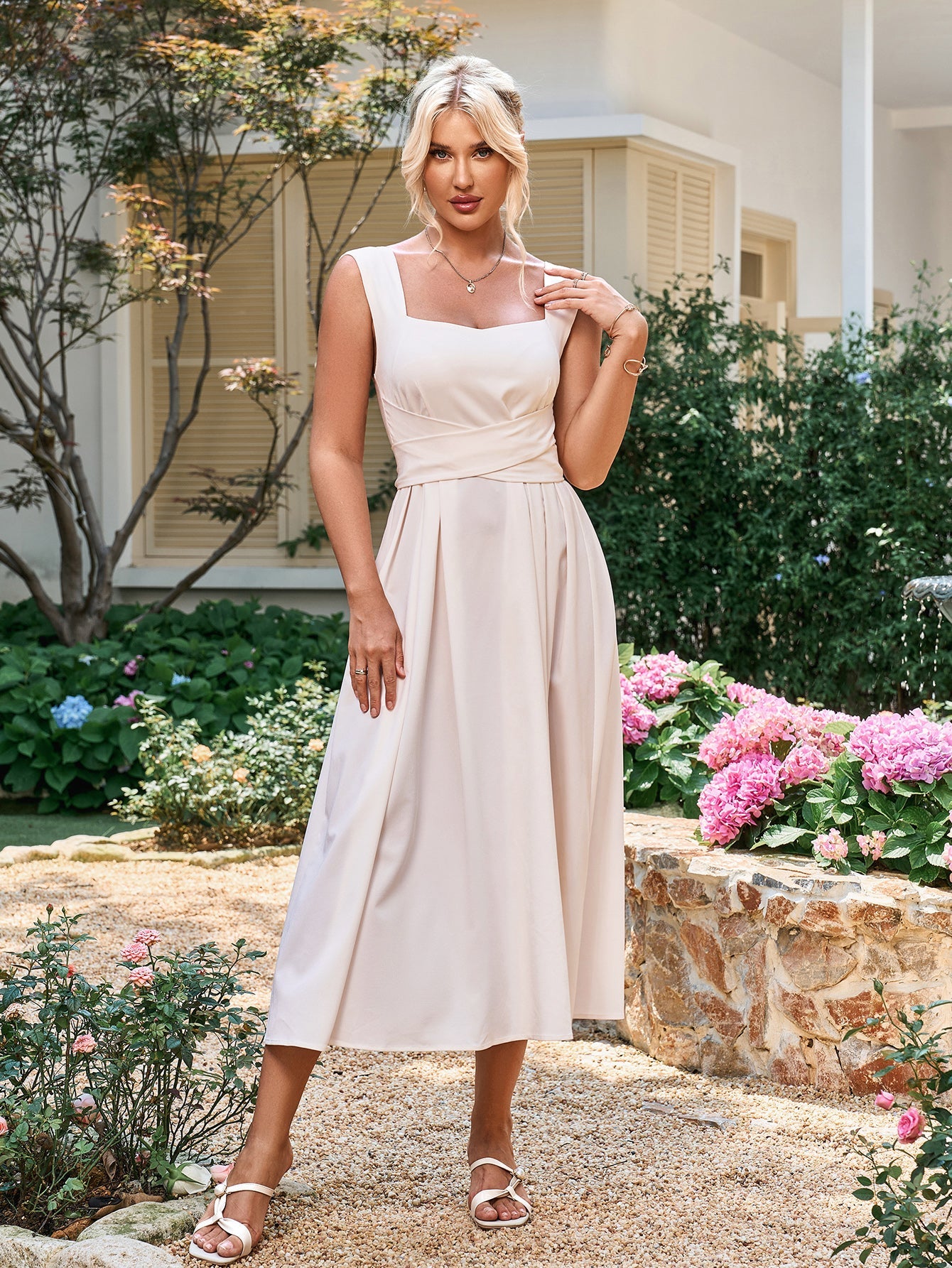 Solid Cross-Tie Sleeveless Backless Ruched Midi Dress