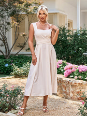 Solid Cross-Tie Sleeveless Backless Ruched Midi Dress