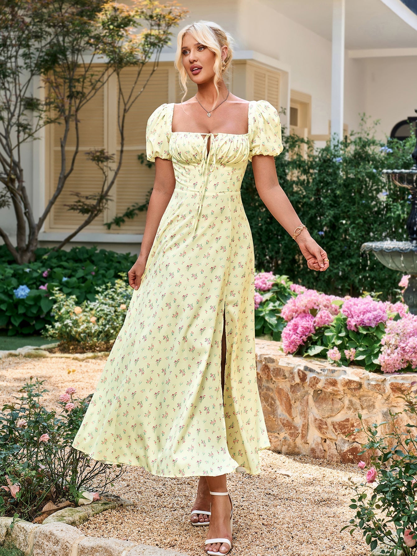 Floral Puff Sleeve Off Shoulder Flowy Slit Midi Dress