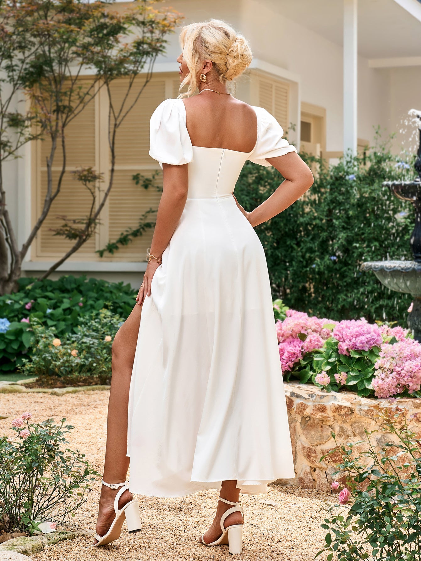 Puff Sleeve Off Shoulder Flowy Slit Midi Dress