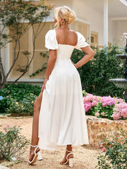 Puff Sleeve Off Shoulder Flowy Slit Midi Dress