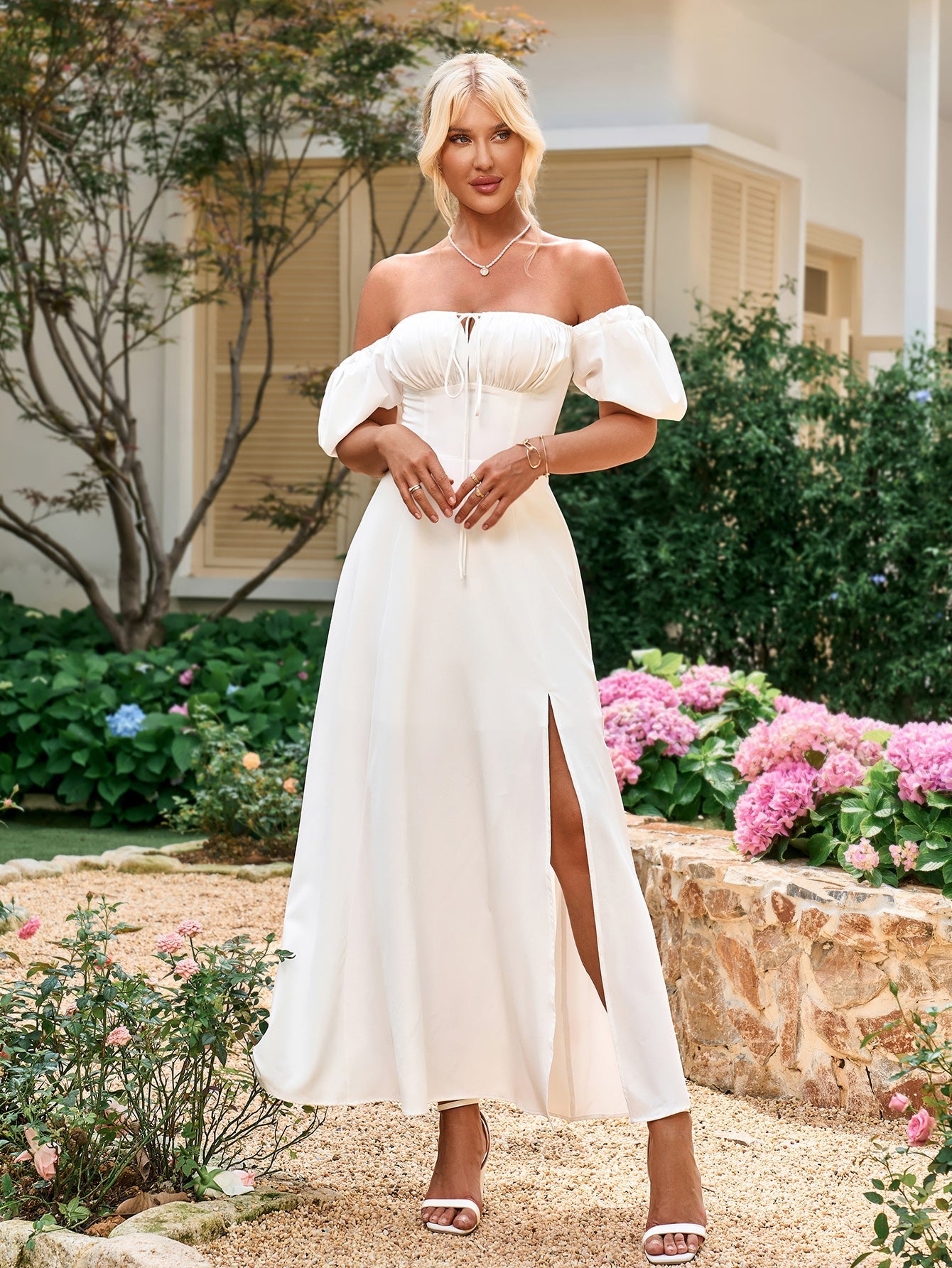 Puff Sleeve Off Shoulder Flowy Slit Midi Dress