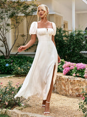Puff Sleeve Off Shoulder Flowy Slit Midi Dress
