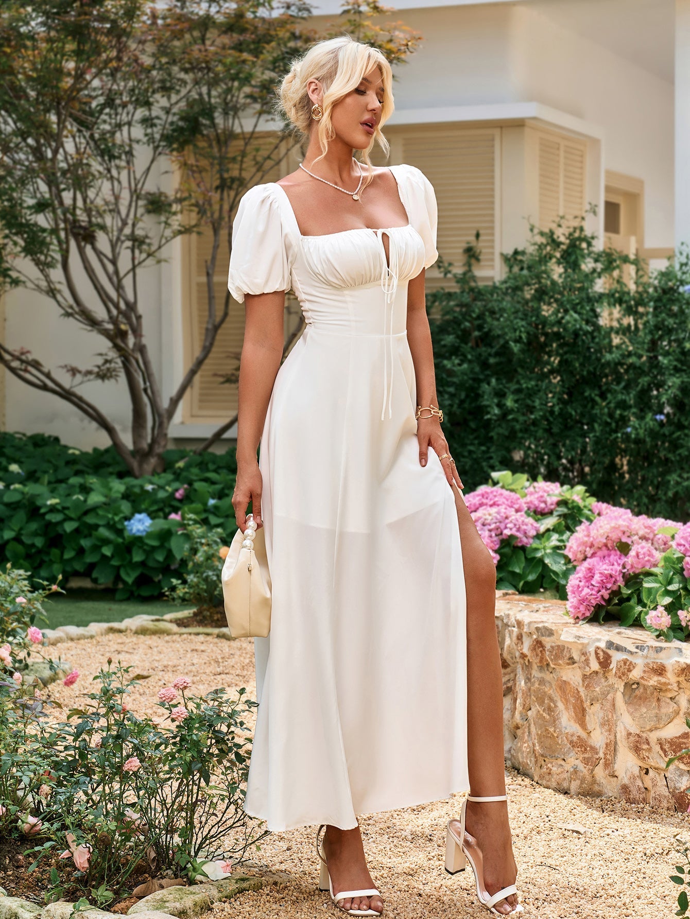 Puff Sleeve Off Shoulder Flowy Slit Midi Dress