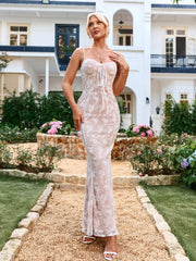 Sleeveless Backless Lace Print Ruched Bodycon Slip Maxi Dress