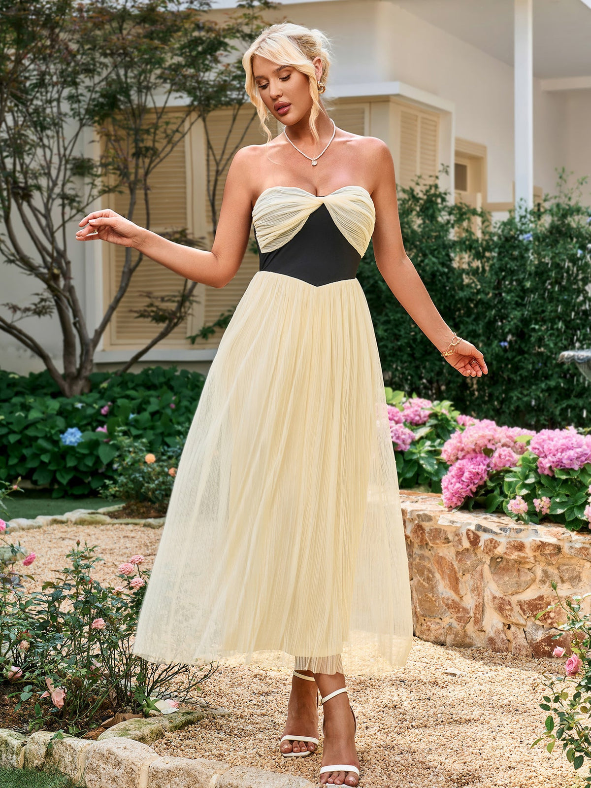 Hepburn Sleeveless Strapless Backless Ruched Bandeau Midi Dress