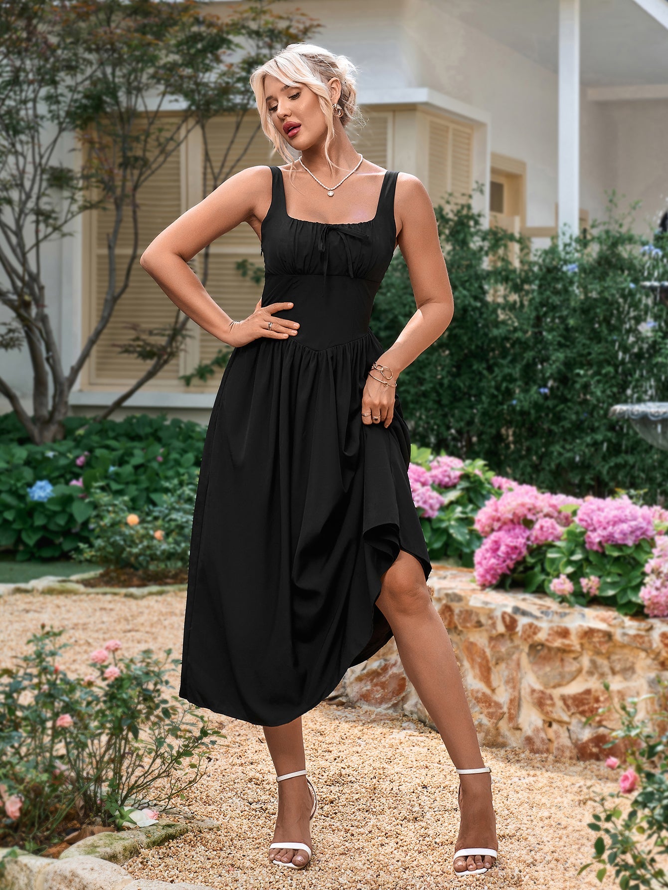 French Sexy Square-Neck Solid Sleeveless Backless Ruched Midi Dress