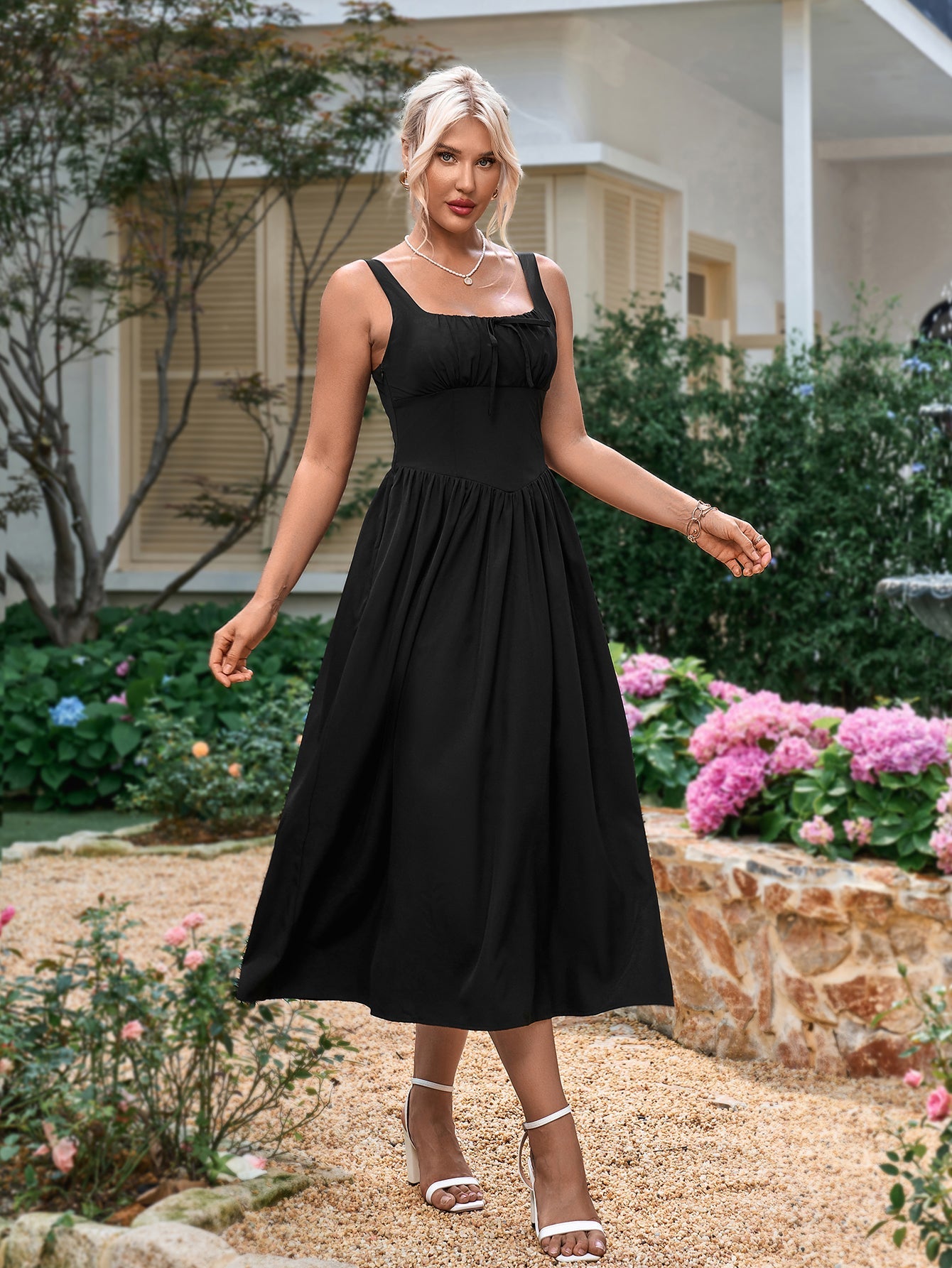 French Sexy Square-Neck Solid Sleeveless Backless Ruched Midi Dress