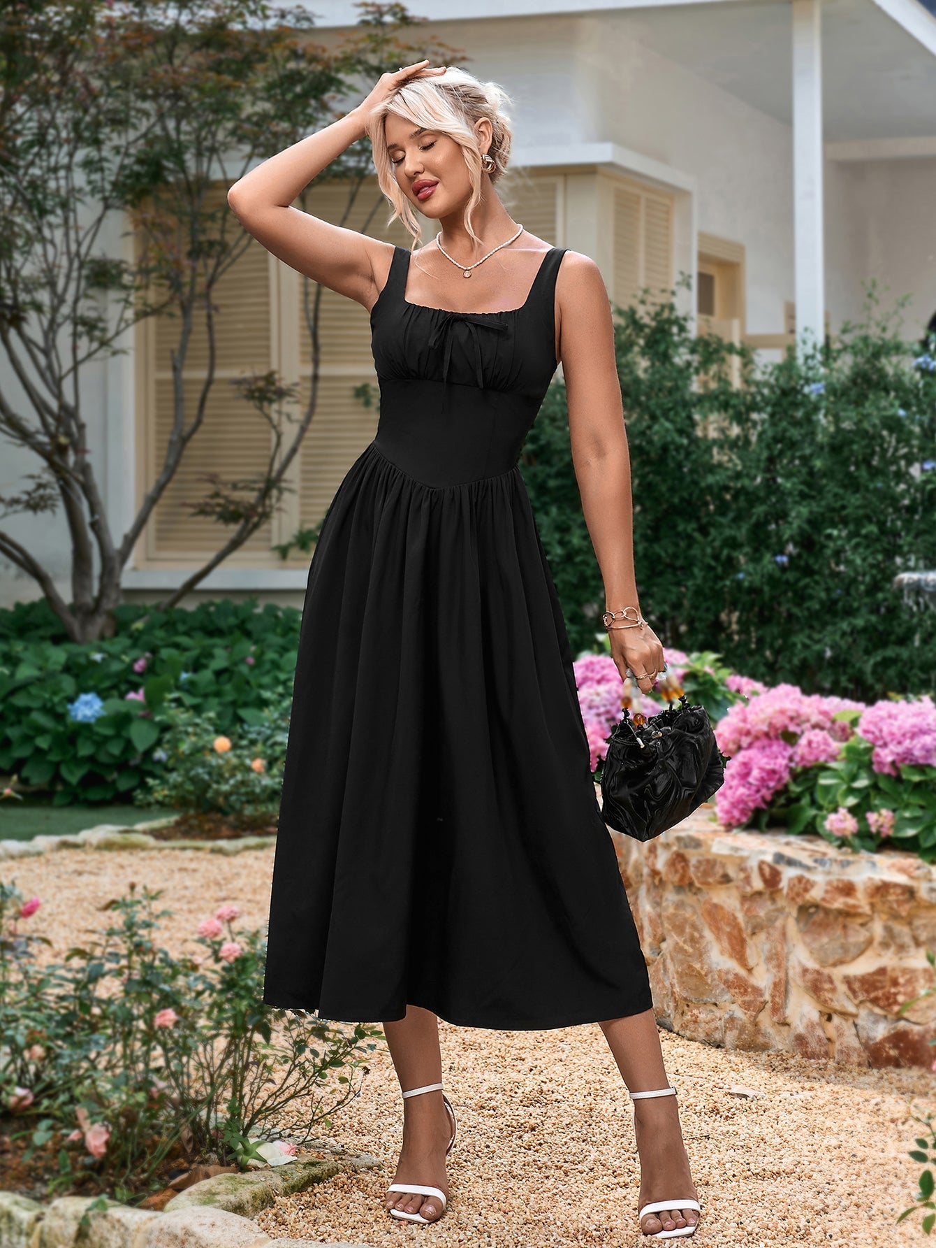 French Sexy Square-Neck Solid Sleeveless Backless Ruched Midi Dress