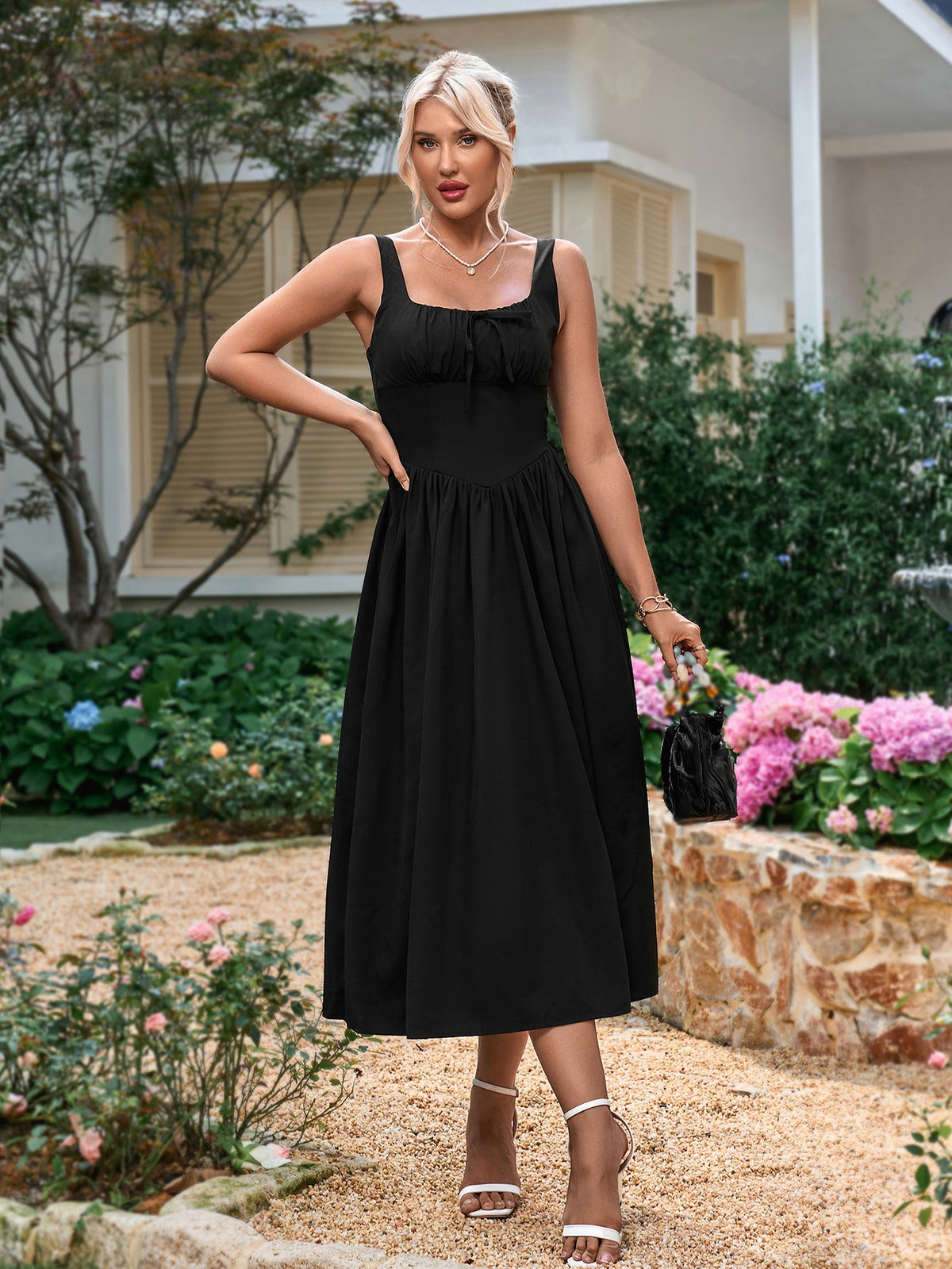 French Sexy Square-Neck Solid Sleeveless Backless Ruched Midi Dress