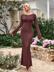Elegant Solid Long Sleeved Ruched Bodycon Maxi Dress