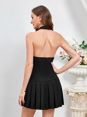 Sexy Suit Collar Off-Shoulder Backless Slim Halter Neck Ruched Mini Dress