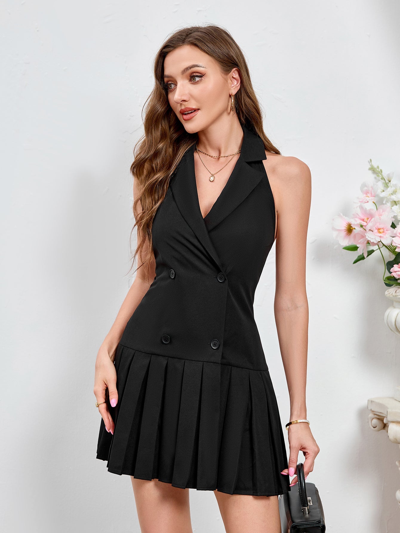 Sexy Suit Collar Off-Shoulder Backless Slim Halter Neck Ruched Mini Dress