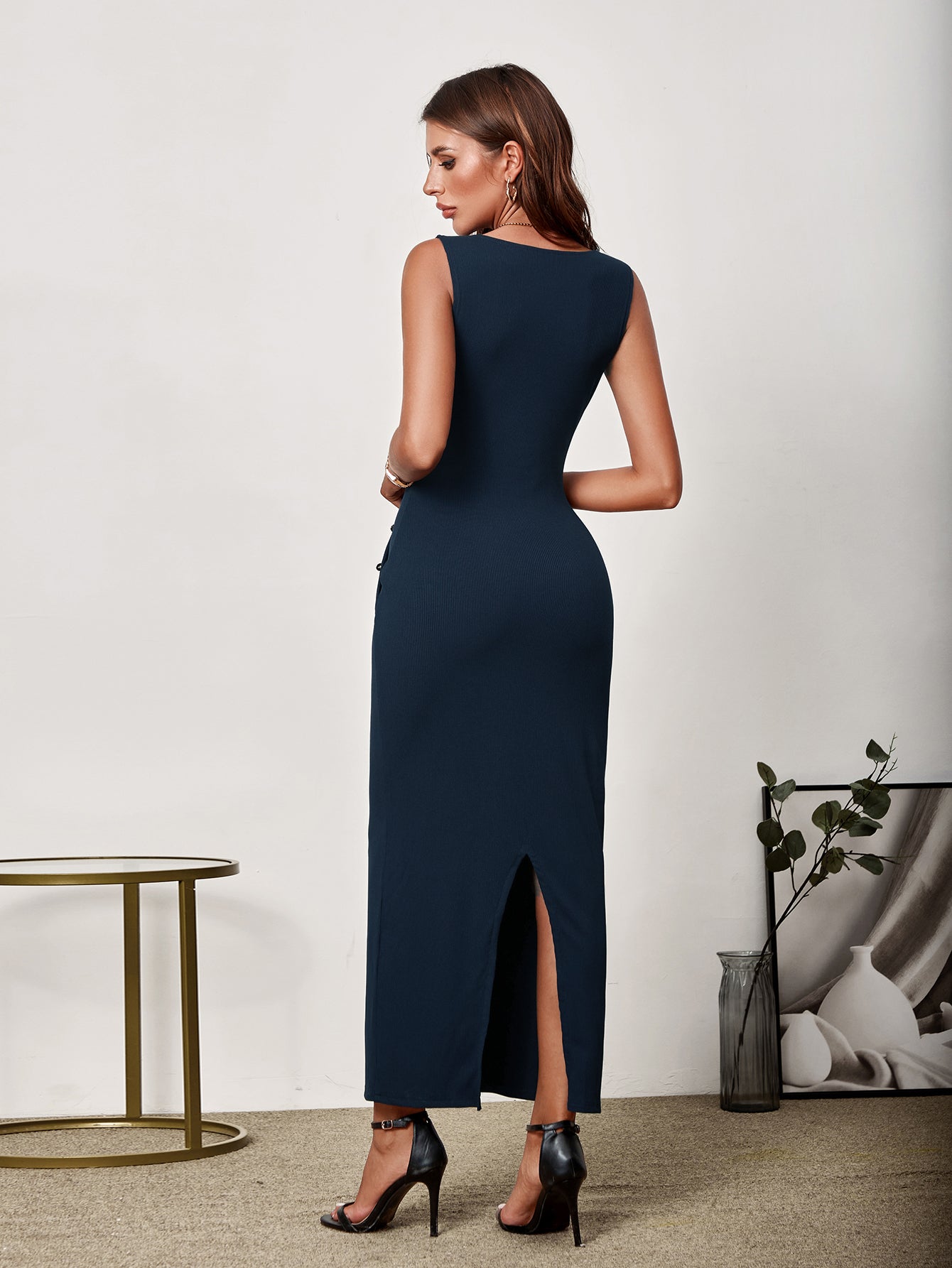 Sexy Knitted Solid Sleeveless Bodycon Maxi Dress