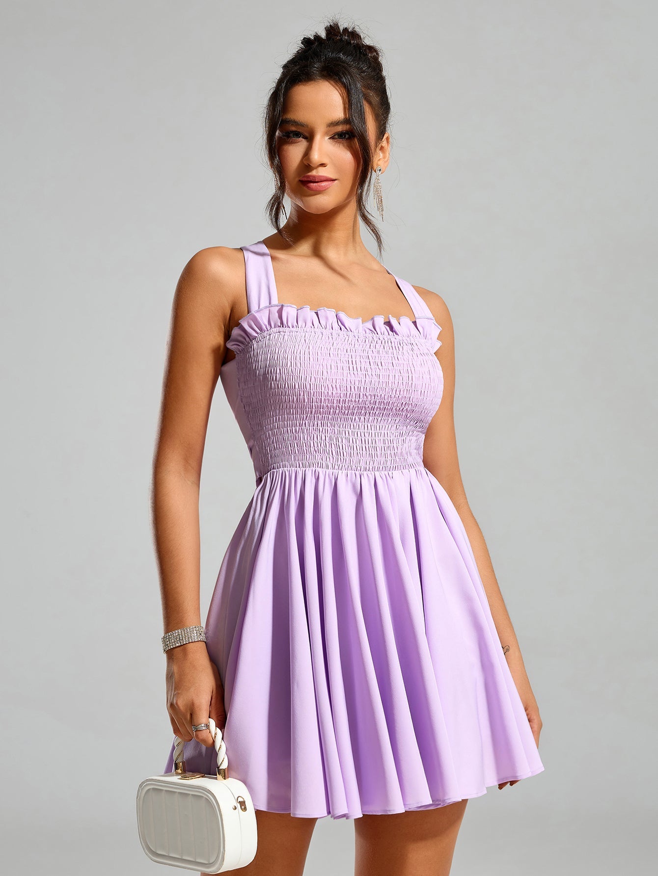 Solid Waist Cinched Sleeveless Backless Slim Slip Mini Dress