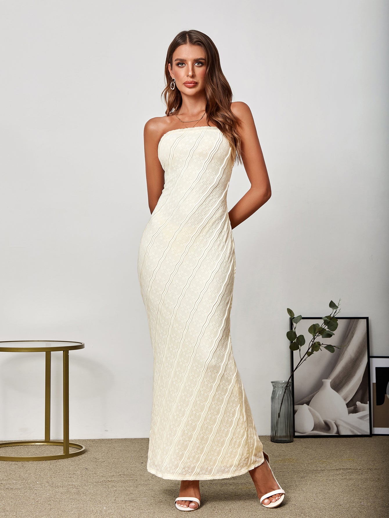 Elegant Three-Dimensional Lace Printed Off-Shoulder Bodycon Maxi Dress
