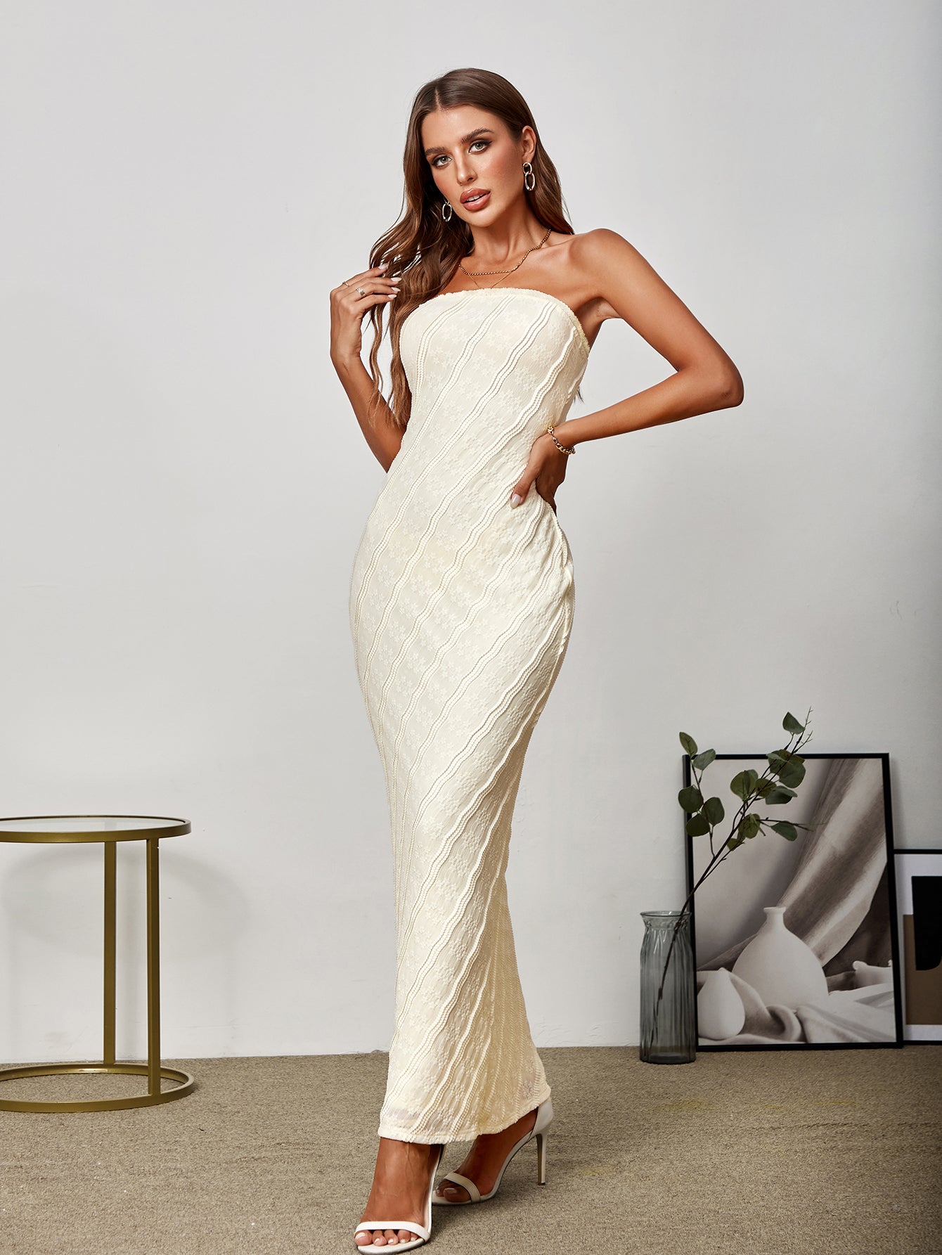 Elegant Three-Dimensional Lace Printed Off-Shoulder Bodycon Maxi Dress