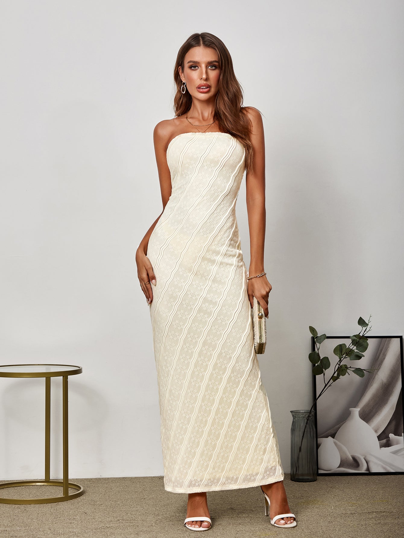 Elegant Three-Dimensional Lace Printed Off-Shoulder Bodycon Maxi Dress