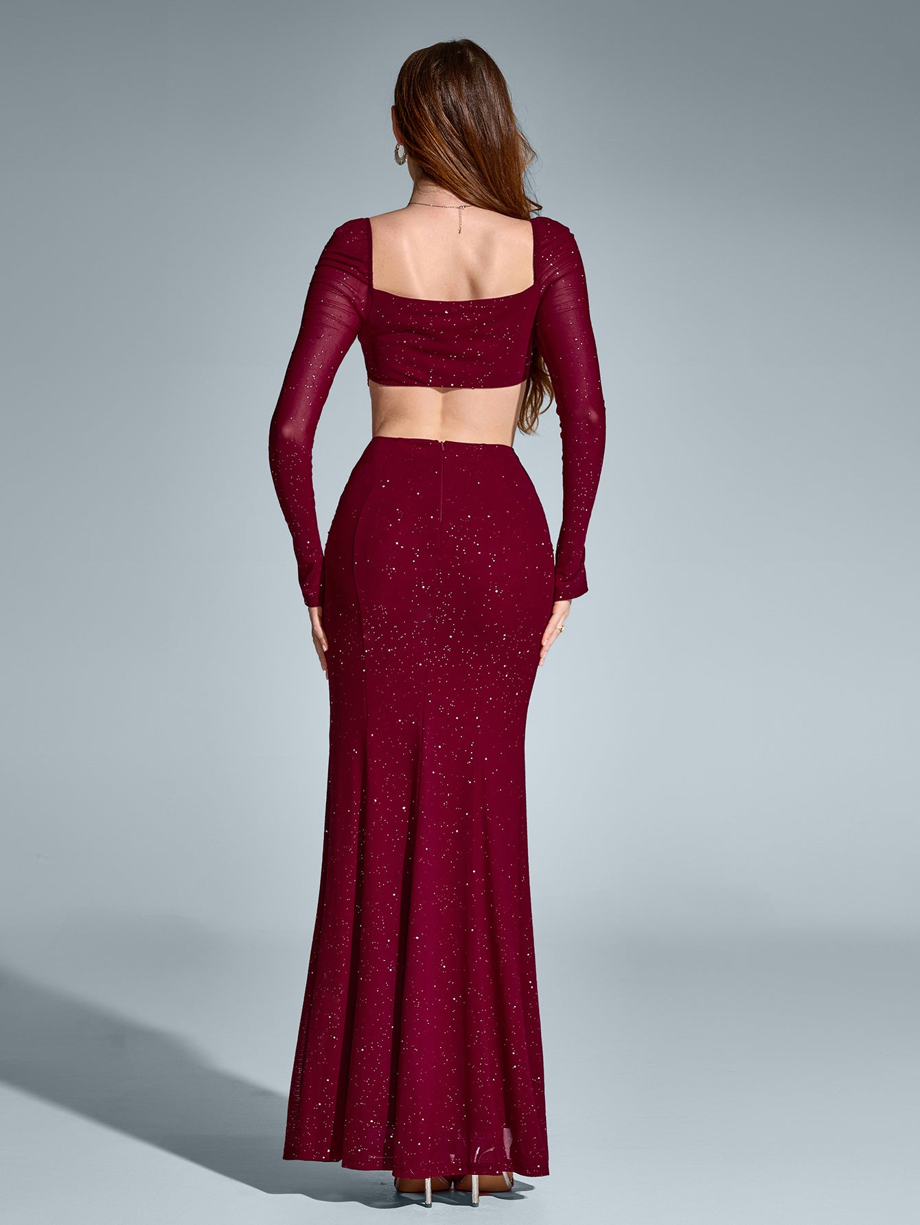Elegant Square Neck Backless Long Sleeved Ruched Bodycon Gown