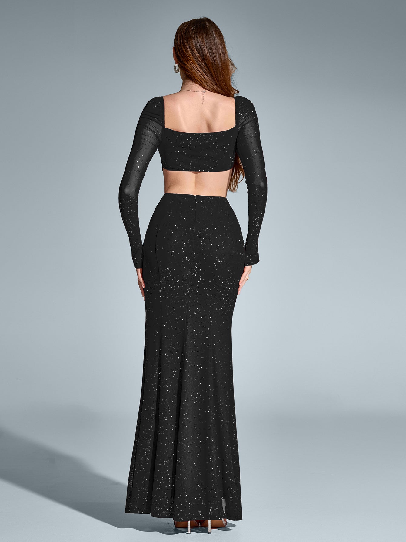 Elegant Square Neck Backless Long Sleeved Ruched Bodycon Gown
