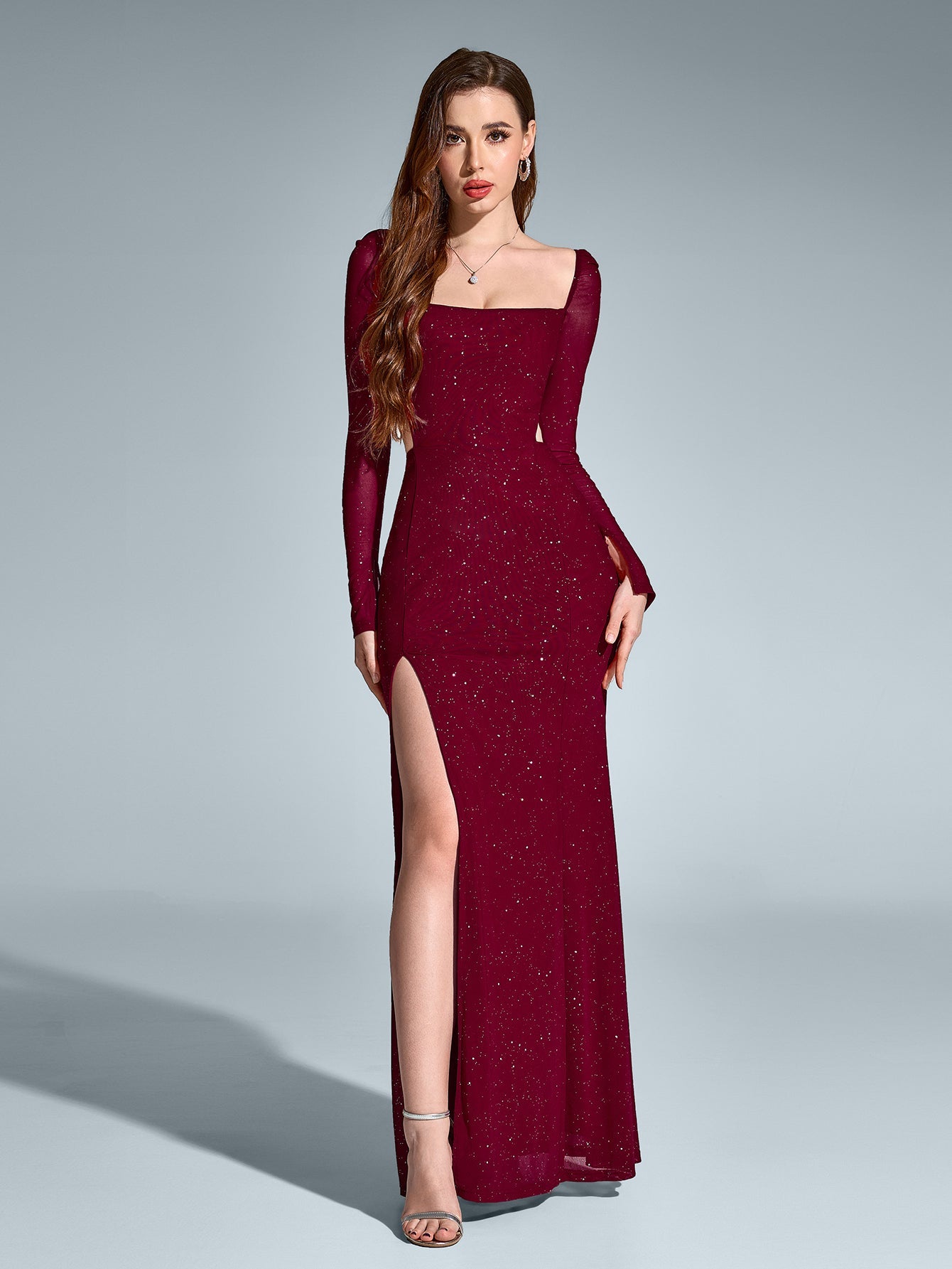 Elegant Square Neck Backless Long Sleeved Ruched Bodycon Gown