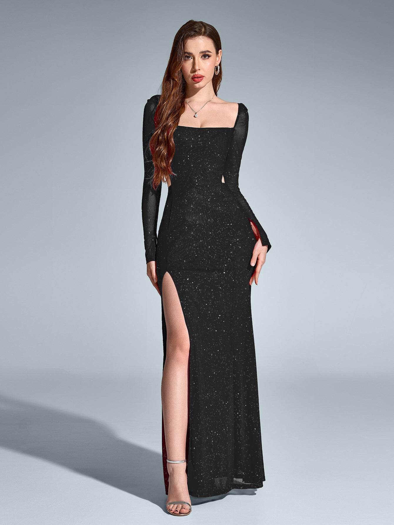 Elegant Square Neck Backless Long Sleeved Ruched Bodycon Gown