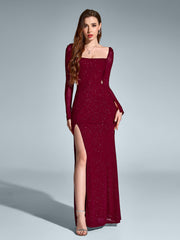 Elegant Square Neck Backless Long Sleeved Ruched Bodycon Gown