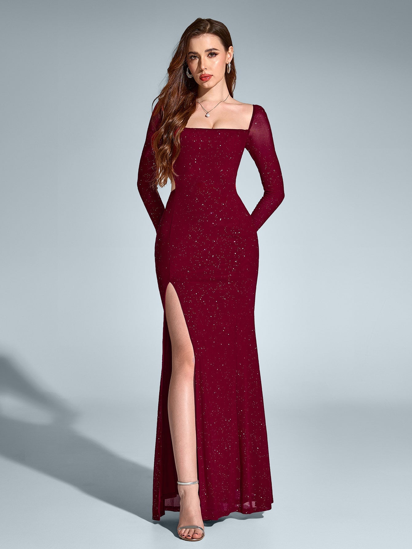 Elegant Square Neck Backless Long Sleeved Ruched Bodycon Gown