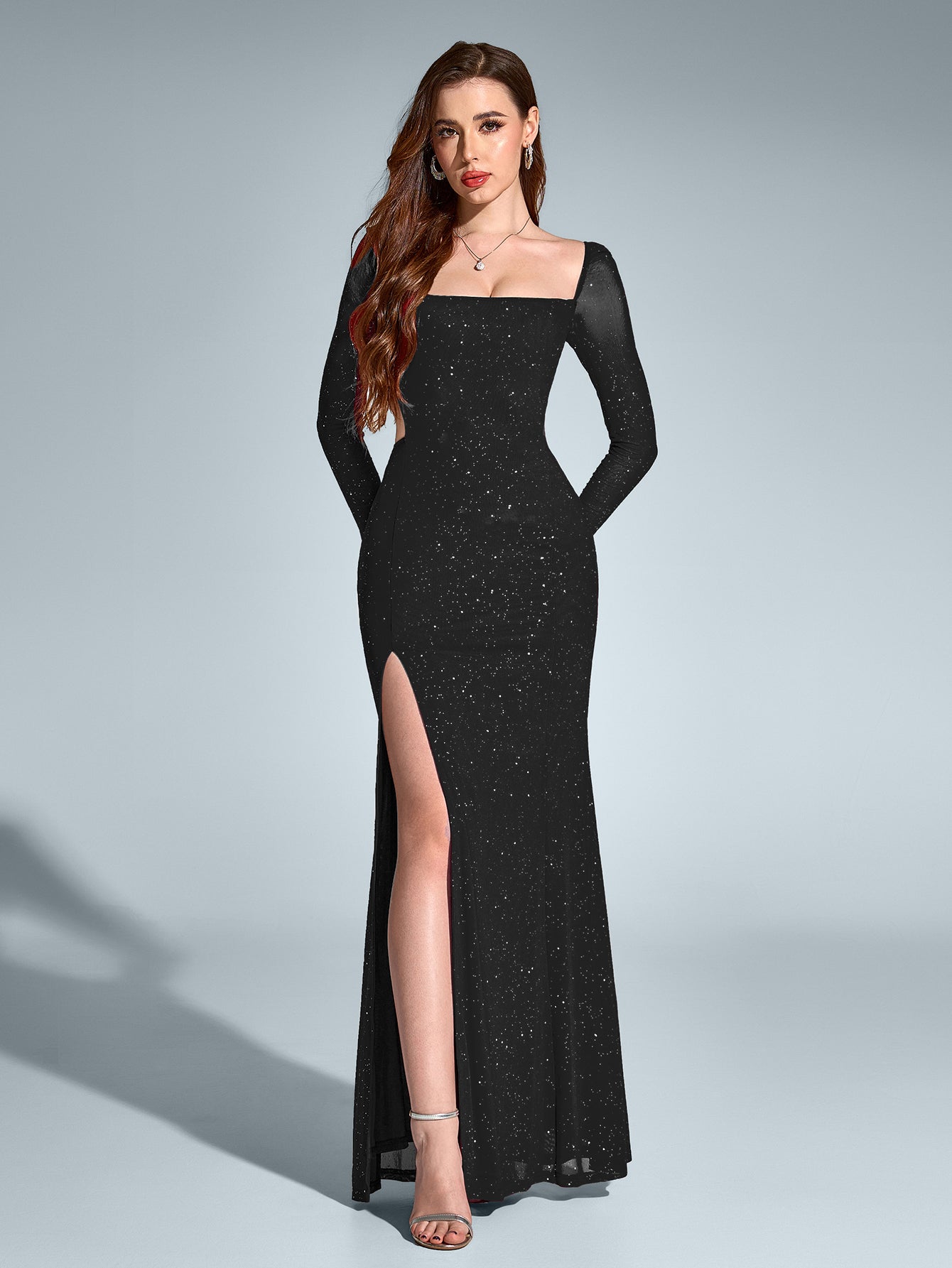 Elegant Square Neck Backless Long Sleeved Ruched Bodycon Gown