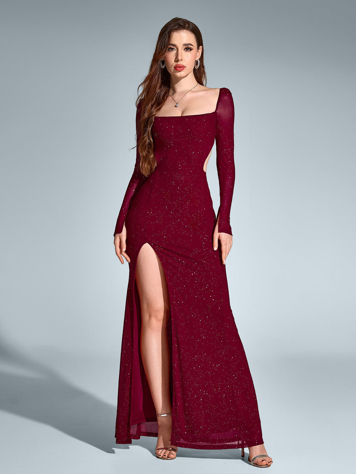 Elegant Square Neck Backless Long Sleeved Ruched Bodycon Gown