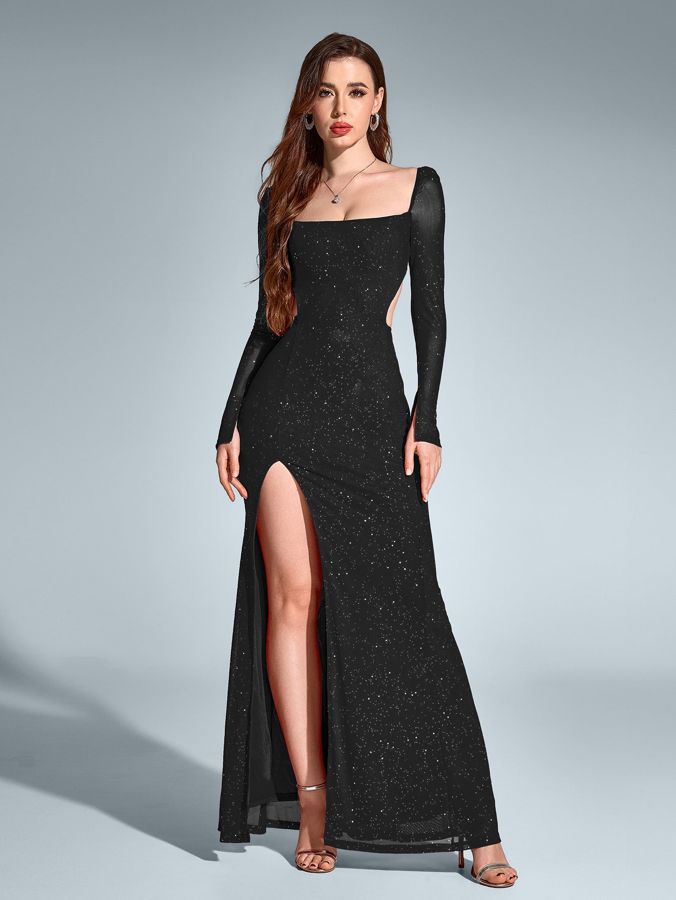 Elegant Square Neck Backless Long Sleeved Ruched Bodycon Gown