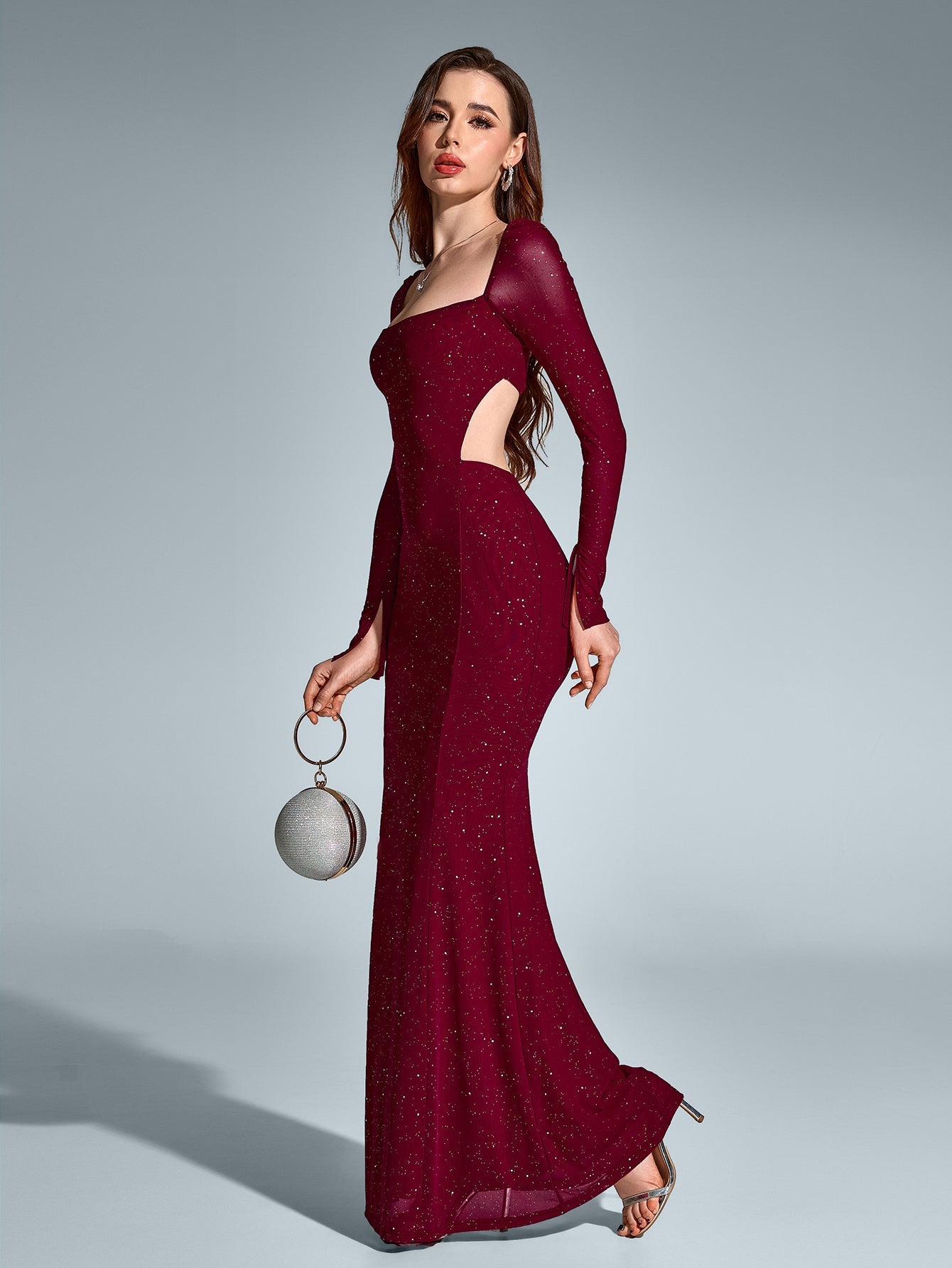 Elegant Square Neck Backless Long Sleeved Ruched Bodycon Gown