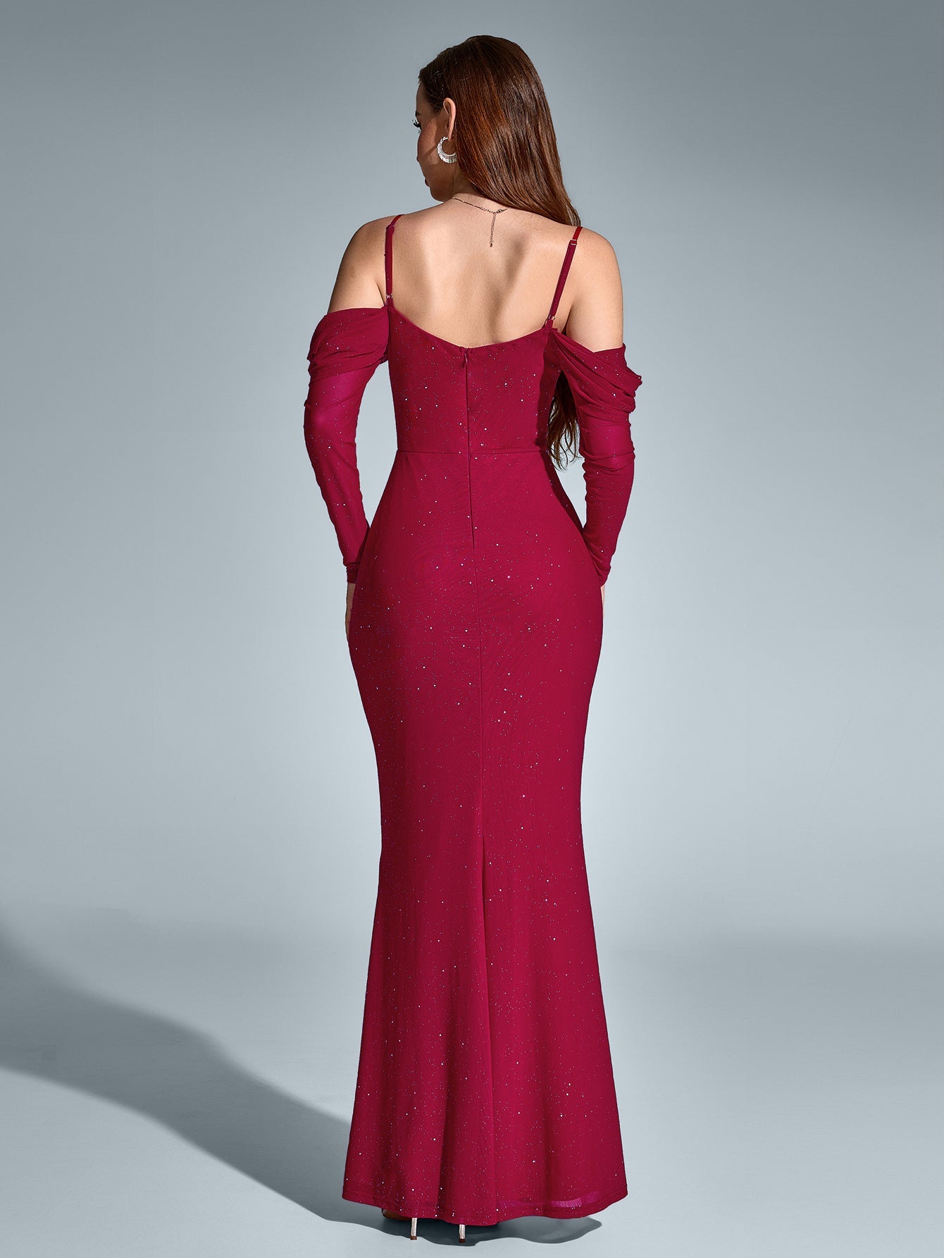 Temperament Mesh Off-Shoulder Long-Sleeved Ruched Gown