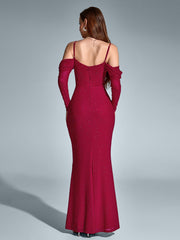 Temperament Mesh Off-Shoulder Long-Sleeved Ruched Gown