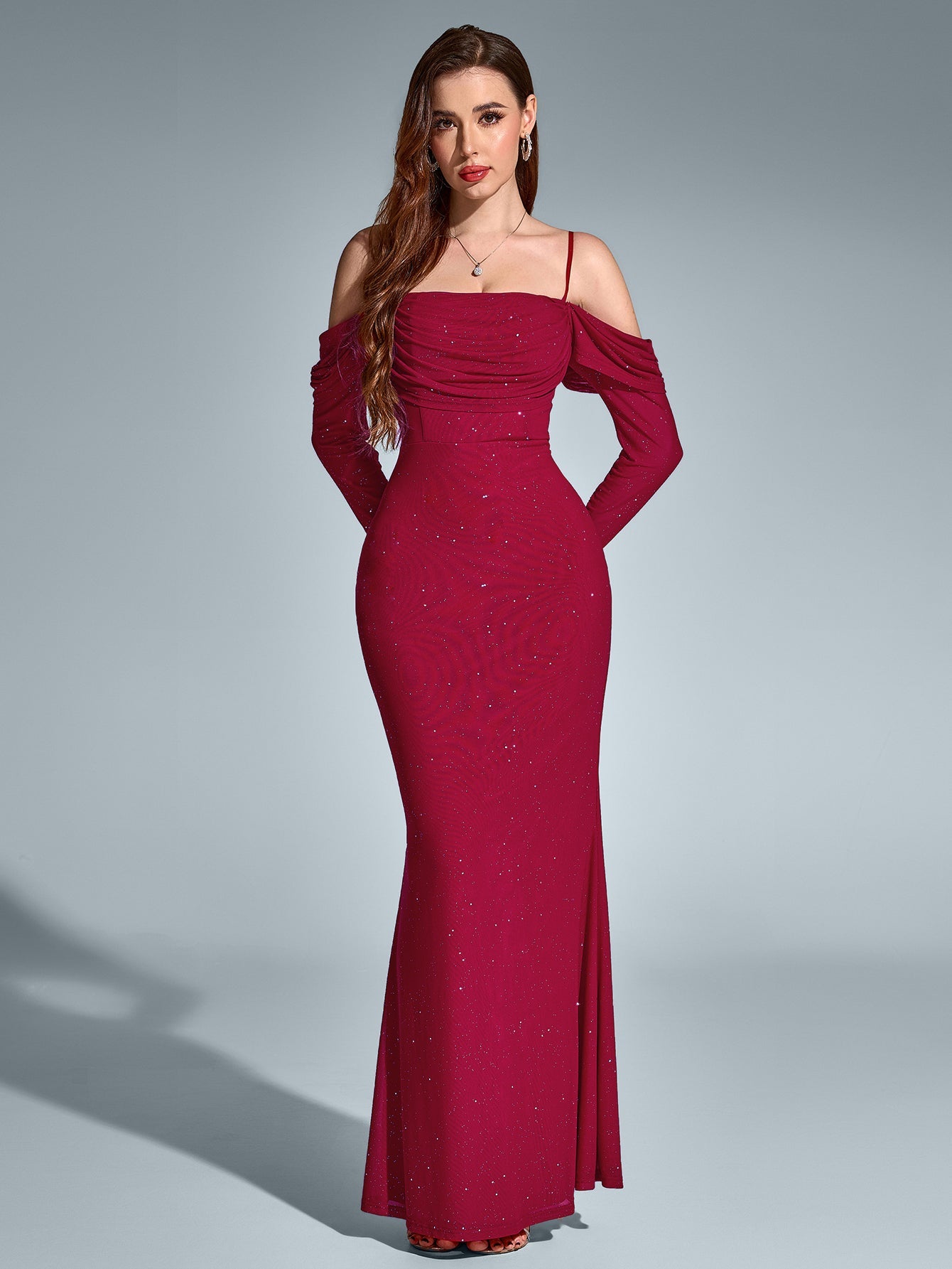 Temperament Mesh Off-Shoulder Long-Sleeved Ruched Gown