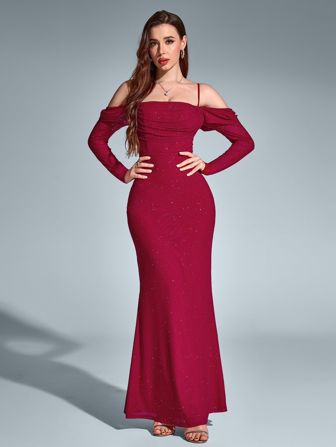 Temperament Mesh Off-Shoulder Long-Sleeved Ruched Gown