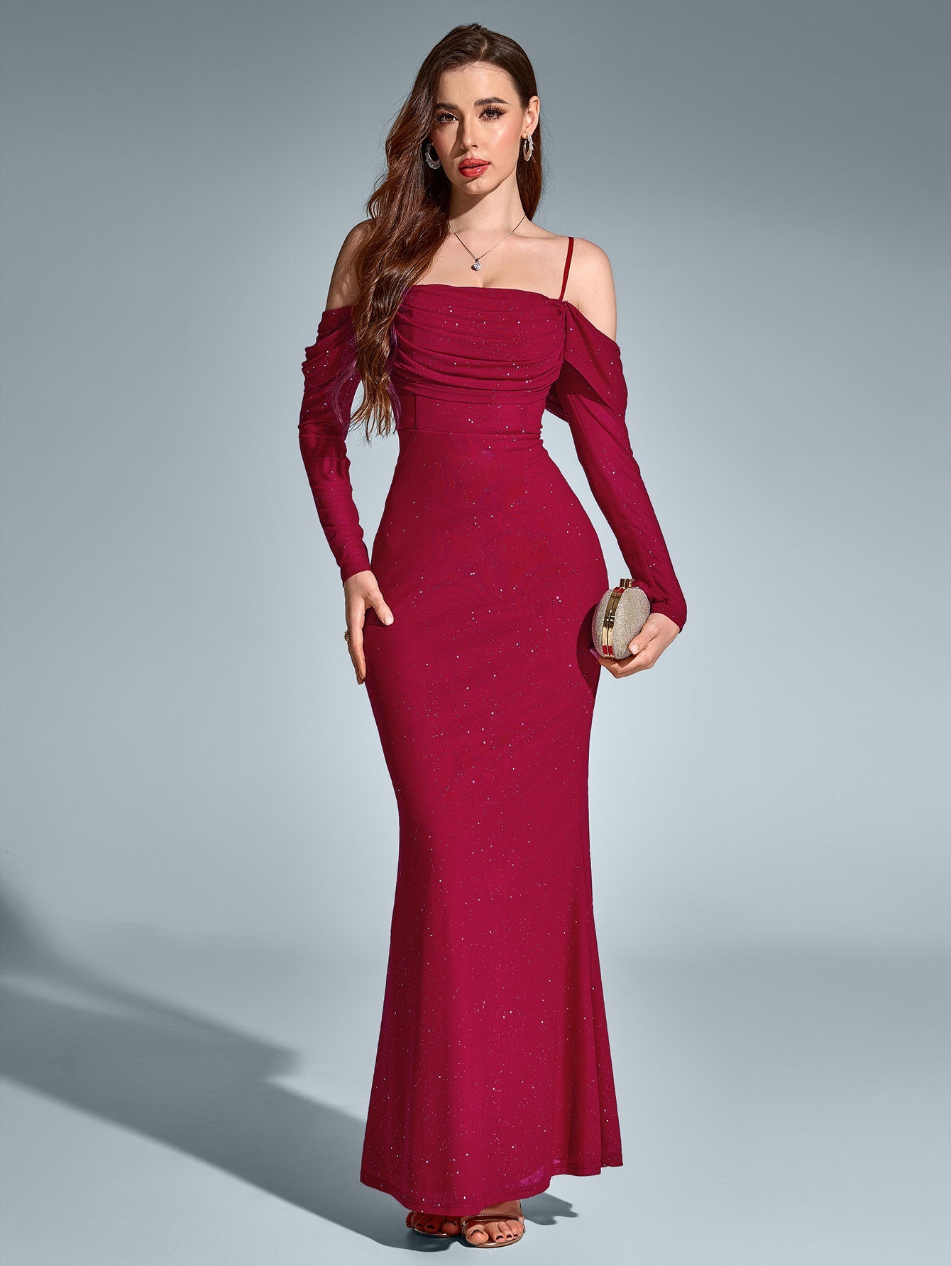 Temperament Mesh Off-Shoulder Long-Sleeved Ruched Gown