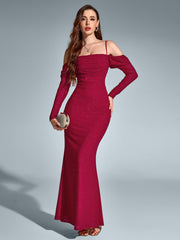 Temperament Mesh Off-Shoulder Long-Sleeved Ruched Gown