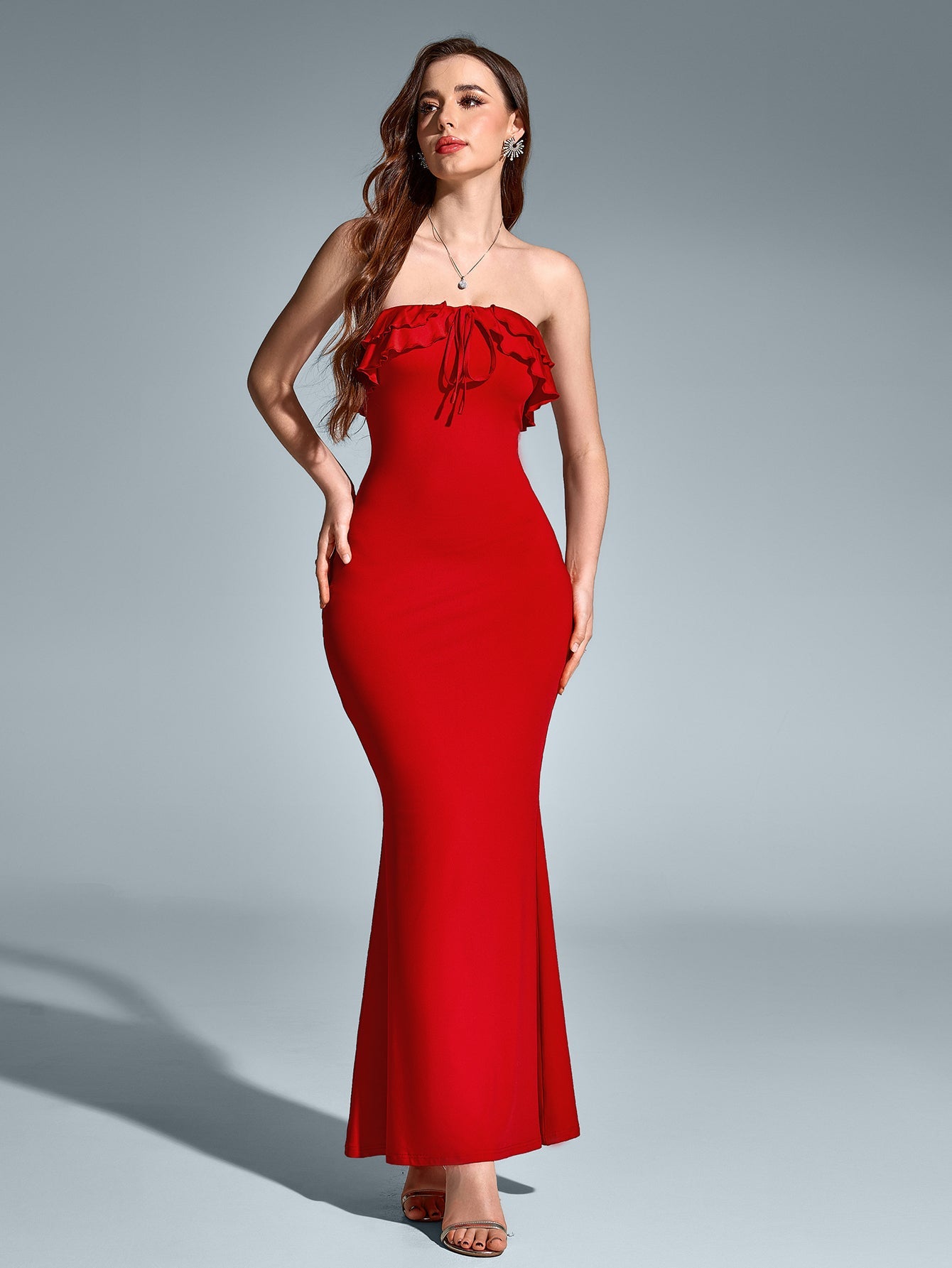 Solid Sleeveless Strapless Off-Shoulder Backless Ruched Bodycon Maxi Dress