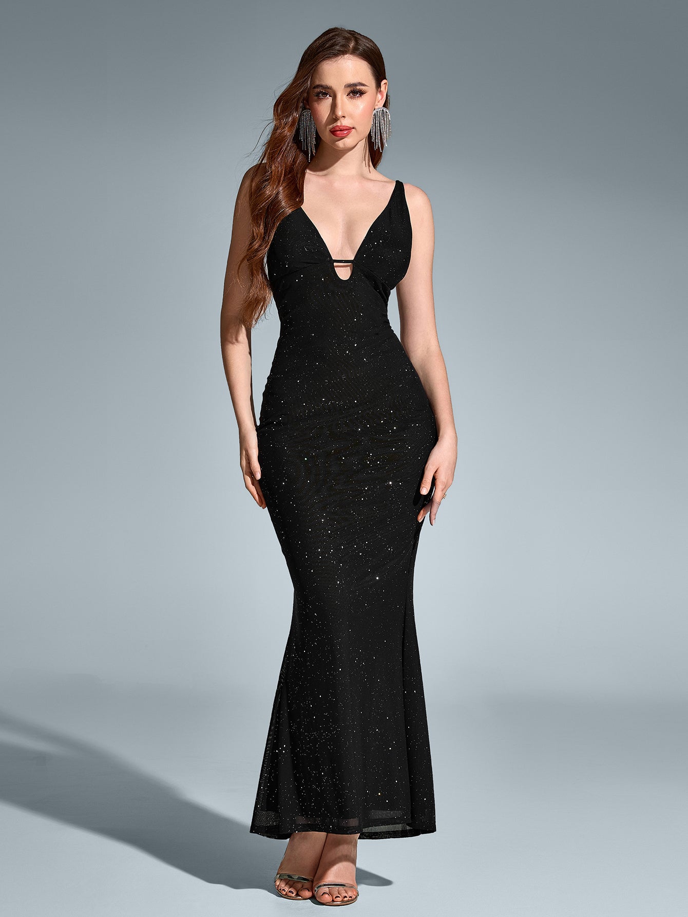 Sexy Sleeveless Backless Deep V-Neck Sparkly Bodycon Slip Gown