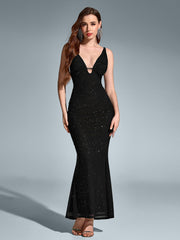 Sexy Sleeveless Backless Deep V-Neck Sparkly Bodycon Slip Gown