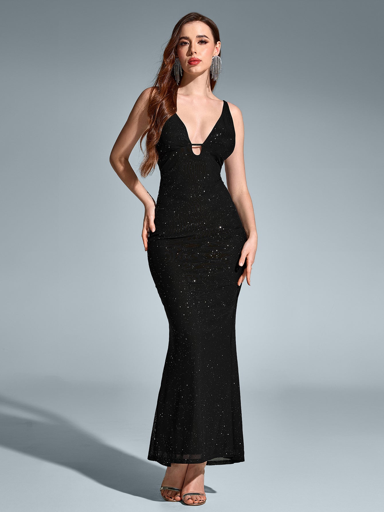 Sexy Sleeveless Backless Deep V-Neck Sparkly Bodycon Slip Gown