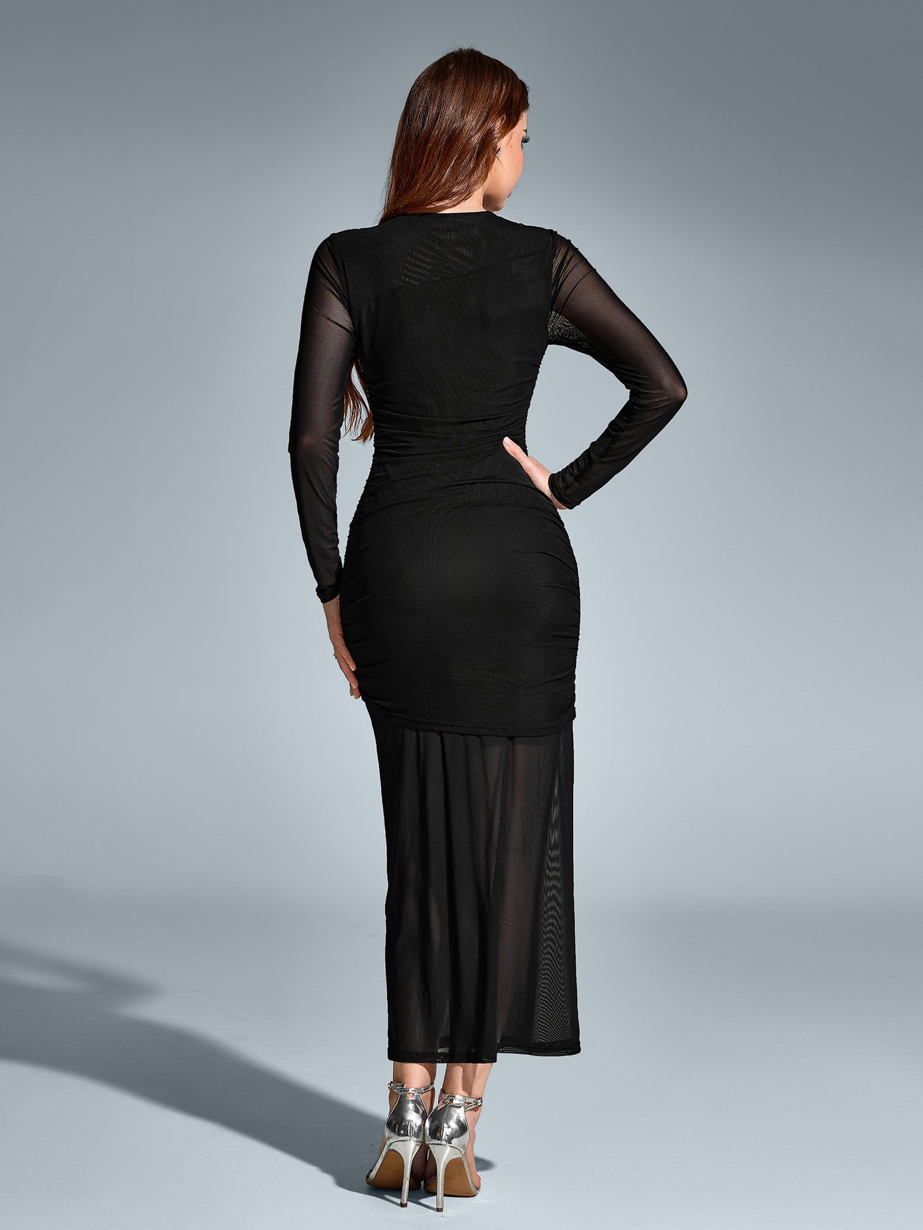 Solid Mesh Ruched Long-Sleeved Bodycon Dress