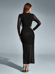 Solid Mesh Ruched Long-Sleeved Bodycon Dress