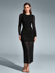 Solid Mesh Ruched Long-Sleeved Bodycon Dress