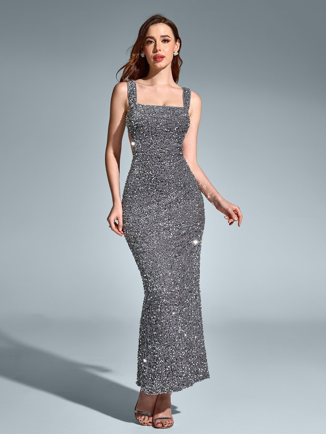 Square Neckline Sleeveless Backless Sparkly Bodycon Gown