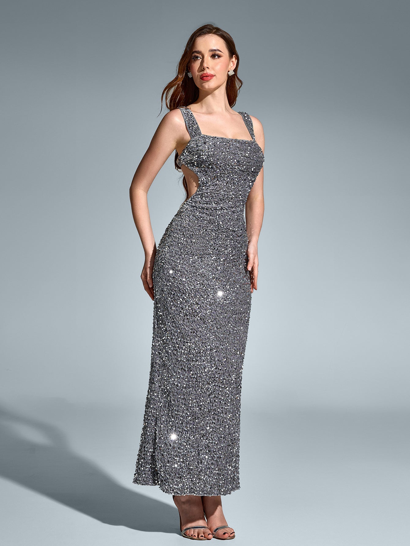 Square Neckline Sleeveless Backless Sparkly Bodycon Gown