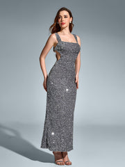 Square Neckline Sleeveless Backless Sparkly Bodycon Gown