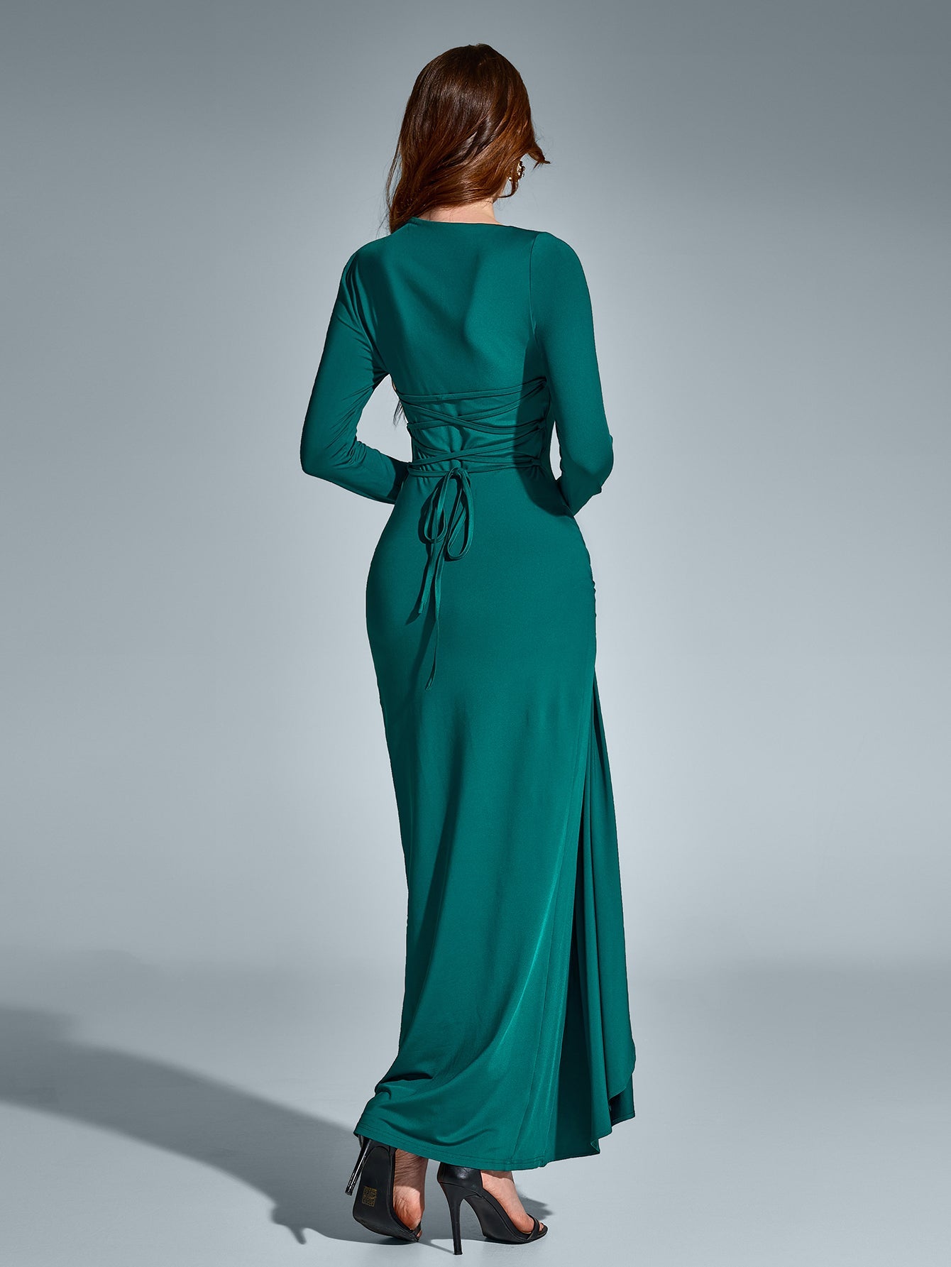 Solid Long-Sleeved Waist-Cinching Ruched High-Slit Maxi Dress